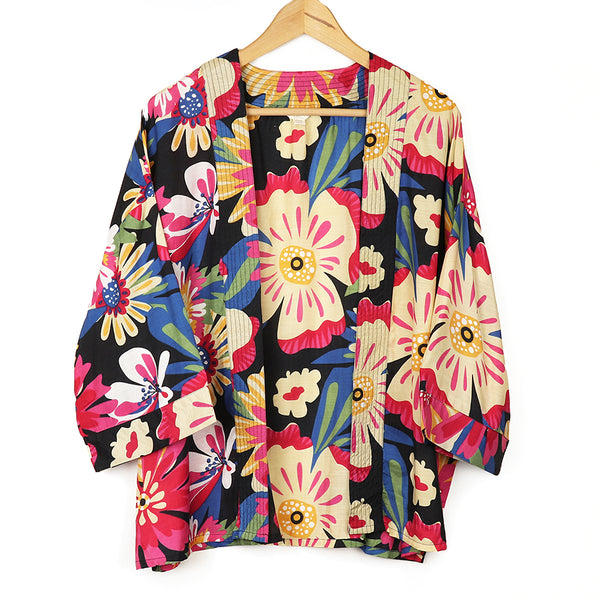 Coral & Blue Hibiscus Print Kimono