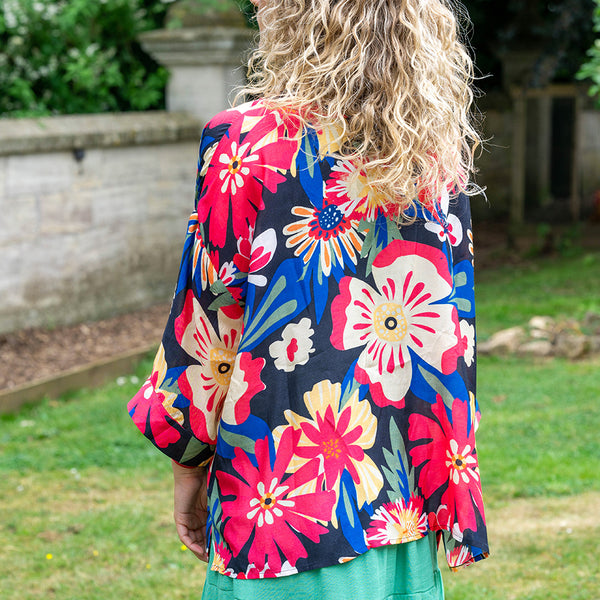 Coral & Blue Hibiscus Print Kimono