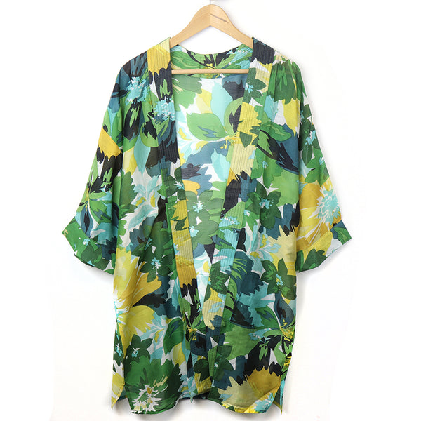 Long green mix abstract floral print kimono