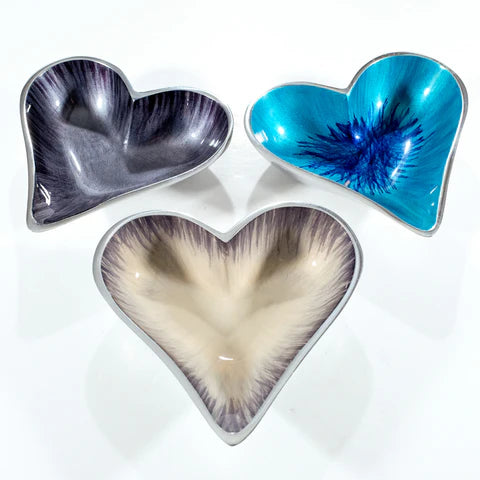 Brushed Grey/Silver Enamelled Heart Dish On Silvery Polished Aluminium small