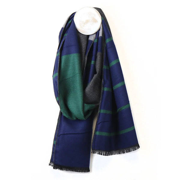 Navy and Green Colour block Stripe Scarf