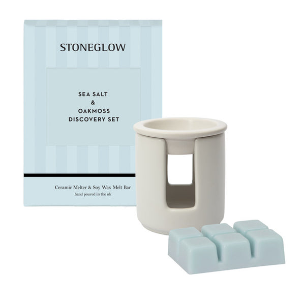 Modern Classics - Sea Salt & Oakmoss Ceramic Wax Melter & Soy Wax Melt Bar Discovery Set