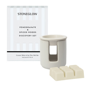 Modern Classics - Pomegranate & Spiced Woods Ceramic Wax Melter & Soy Wax Melt Bar Discovery Set