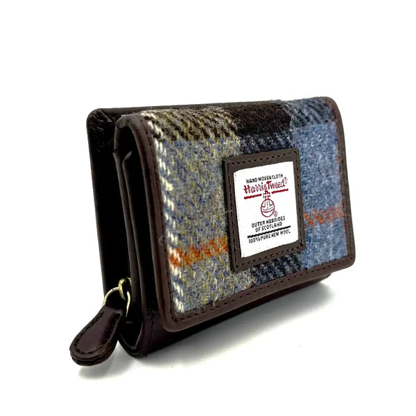 Trifold Purse in Blue & Brown Check - Harris Tweed