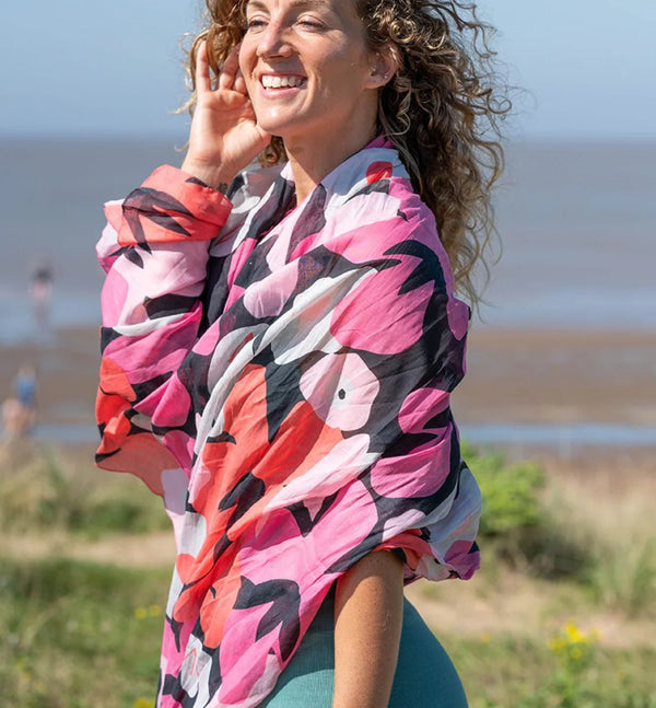 Pink & Black Poppy Print Scarf