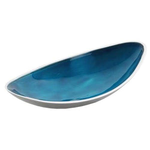 Aqua Blue Enamelled Bowl On Polished Silvery Aluminium - fineandsandy