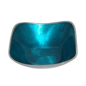 Aqua Blue Enamelled Square Bowl On Polished Silvery Aluminium - fineandsandy