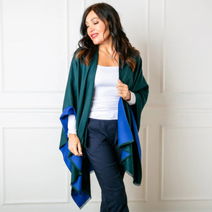 Bottle Green & Royal Blue Tess Reversible Poncho Wrap by Tilley & Grace - fineandsandy