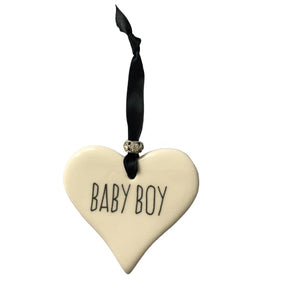 Ceramic Heart Baby Boy with Black ribbon by Dimbleby - fineandsandy