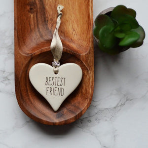 Ceramic Heart Bestest Friend with Gold ribbon by Dimbleby - fineandsandy