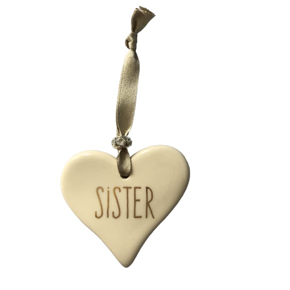 Ceramic Heart Sister with Gold ribbon by Dimbleby - fineandsandy