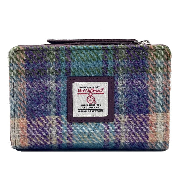 Harris Tweed Medium Zip Purse In Purple & Green Plaid - fineandsandy