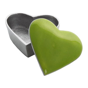 Lime Green Enamelled Heart Shaped Silver Aluminium Trinket Box - fineandsandy