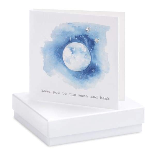 Love you to the Moon and Back Silver Earrings on Designer Card by Crumble and Core - fineandsandy