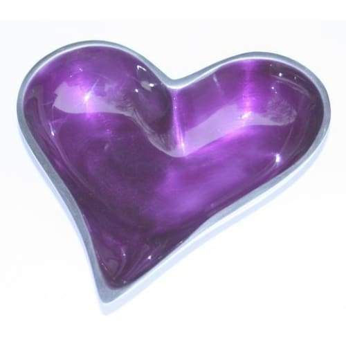 Small Purple Enamelled Heart Dish On Silvery Polished Aluminium - fineandsandy