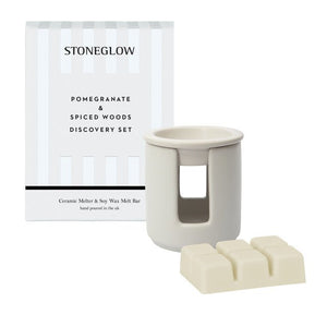 Stoneglow Pomegranate & Spiced Woods Ceramic Wax Melter & Soy Wax Melt Bar Discovery Set - fineandsandy