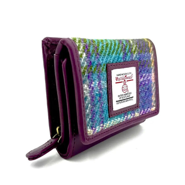 Trifold Purse in Purple and Green Plaid - Harris Tweed - fineandsandy