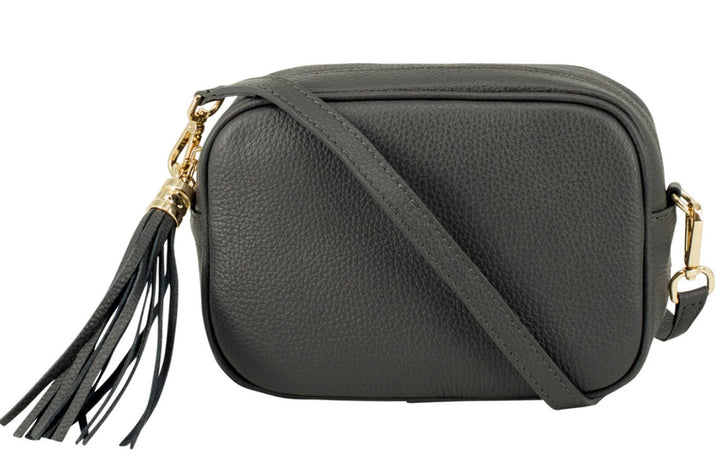 Dark Grey Tassel Handbag In Italian Leather
