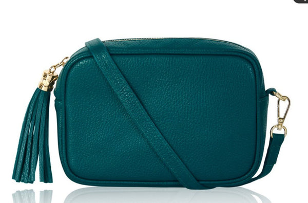 Dark Teal Tassel Handbag In Italian Leather