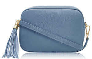 Denim Blue Tassel Handbag In Italian Leather