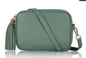Dusty Green Tassel Handbag In Italian Leather