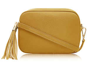 Mustard Tassel Handbag In Italian Leather