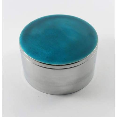 Aqua Blue Enamelled Silver Aluminium Circular Trinket Box