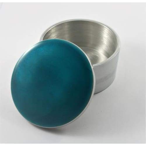 Aqua Blue Enamelled Silver Aluminium Circular Trinket Box