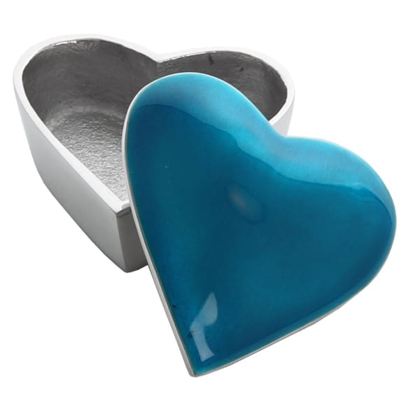 Aqua Enamelled Heart Shaped Silver Aluminium Trinket Box