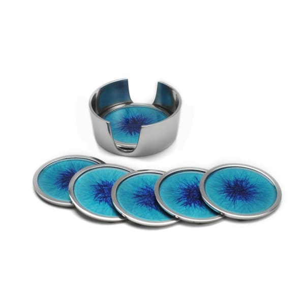 Brushed Aqua Enamelled Aluminium Coasters - Set of 6