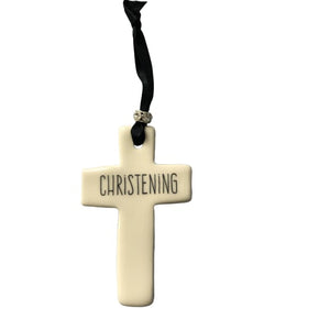 Ceramic Cross Christening with Black ribbon by Dimbleby