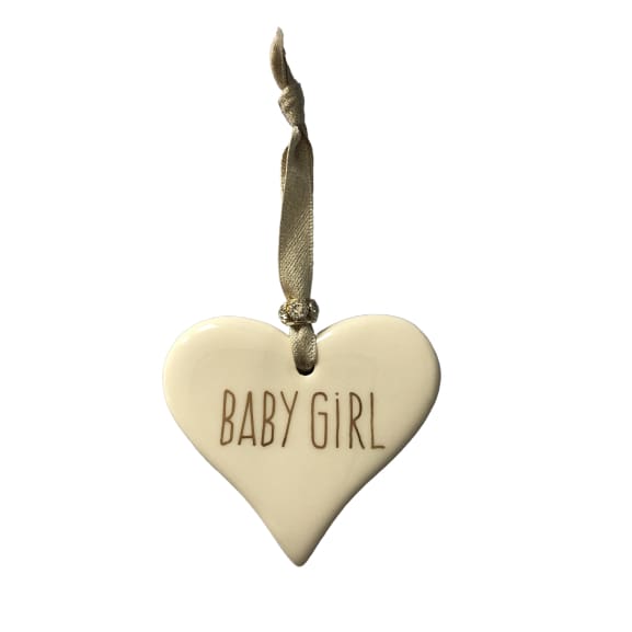 Ceramic Heart Baby Girl with Gold ribbon by Dimbleby