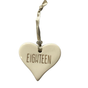 Ceramic Heart Eighteen with Gold ribbon by Dimbleby