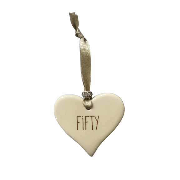 Ceramic Heart Fifty with gold ribbon by Dimbleby