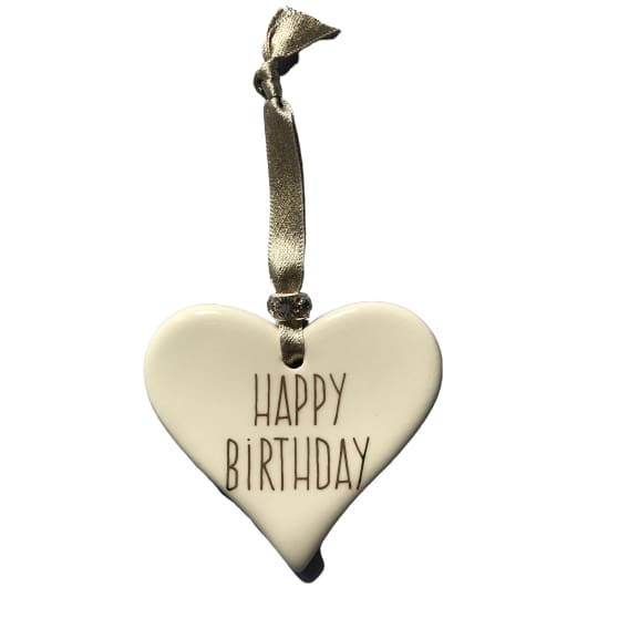 Ceramic Heart Happy Birthday with Gold ribbon by Dimbleby
