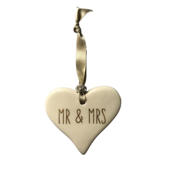 Ceramic Heart Mr & Mrs with Gold ribbon by Dimbleby