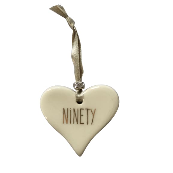 Ceramic Heart Ninety with Gold ribbon by Dimbleby