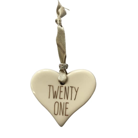 Ceramic Heart Twenty One with Gold ribbon by Dimbleby