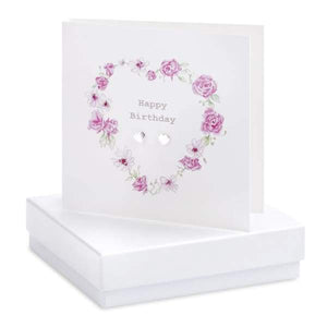 Floral Heart Happy Birthday Silver Earrings On Designer Card