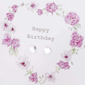 Floral Heart Happy Birthday Silver Earrings On Designer Card