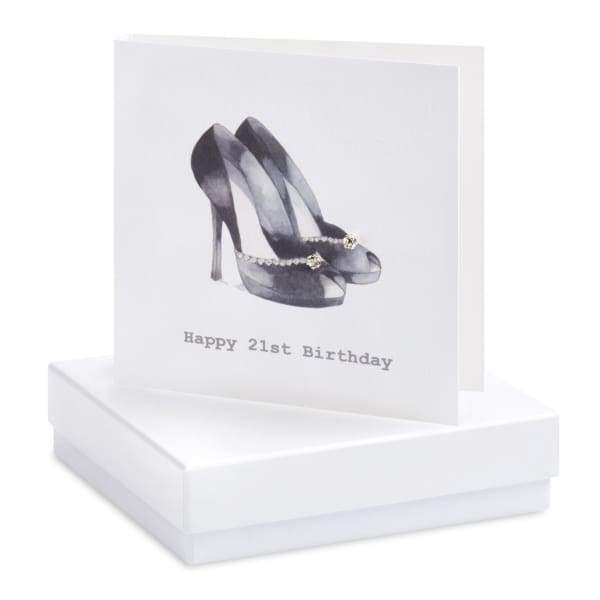 Happy 21st Black Shoe Silver earrings on Designer card by Crumble and Core