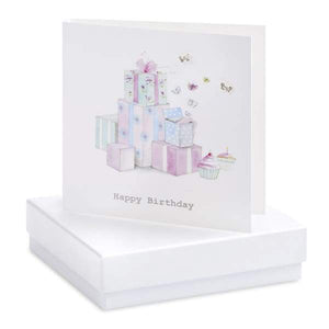 Happy Birthday Silver Earrings on Designer card by Crumble and Core
