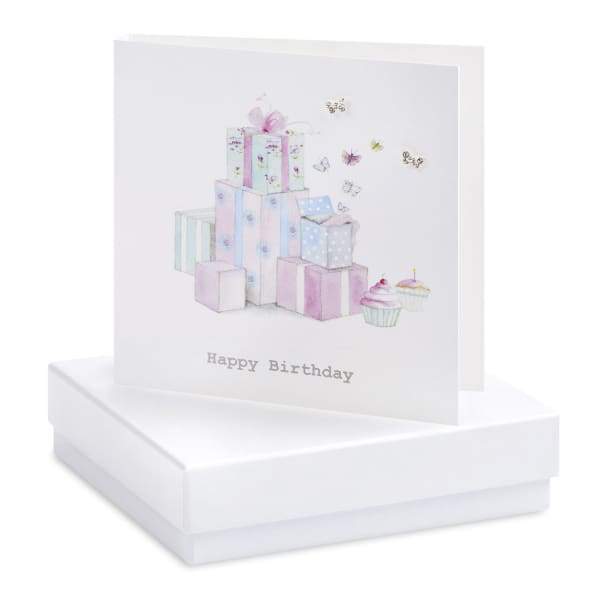 Happy Birthday Silver Earrings on Designer card by Crumble and Core