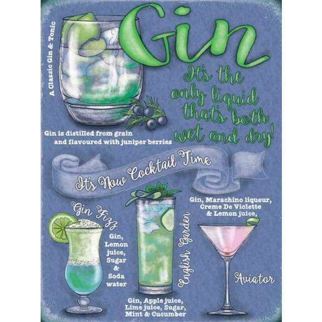 Metal Sign Mini (Light Blue Background) Gin Its The Liquid Thats Both Wet And Dry By Original Metal Company - Metal Sign