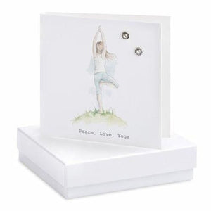 Peace, Love, Yoga Boho Silver Earrings On Designer Card by Crumble and Core