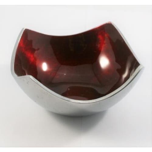 Red Enameled Square Bowl On Polished Silver Aluminium