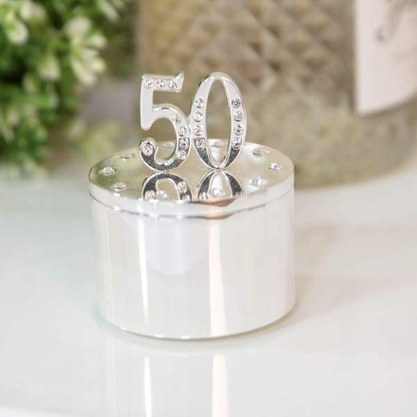 Silver Plated 50th Birthday Trinket Box With Crystals - 50th Birthday