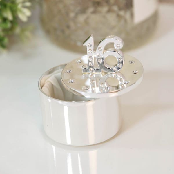 Silver Plated Trinket Box With Crystals - 16th Birthday