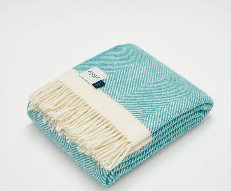 Turquoise Herringbone 100% Wool Blanket - 150 x 130cm